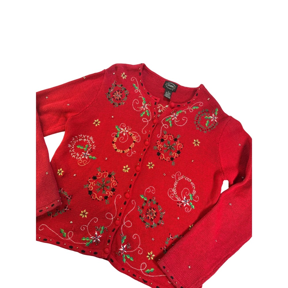 Designers Studio Originals Cardigan Women M Red Holiday Embroidered Beaded Holly